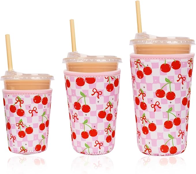 Reusable Insulated Neoprene Iced Coffee Cup Sleeve, Durable Drink Sleeve for Cold Beverages, Beverage Holder for Iced Coffee, Cherry Gleam