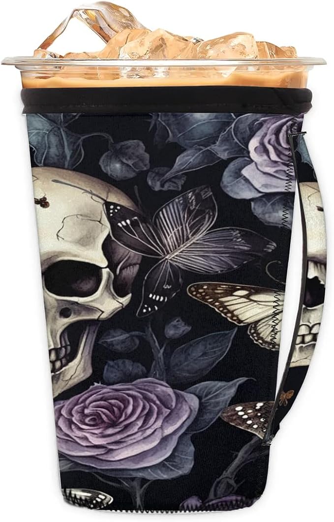 Reusable Iced Coffee Sleeve with Handle, Vintage Skull Flower Neoprene Cup Sleeve Butterfly Roses Insulator Cup Holder for Cold Drinks Beverages 16oz - 18oz