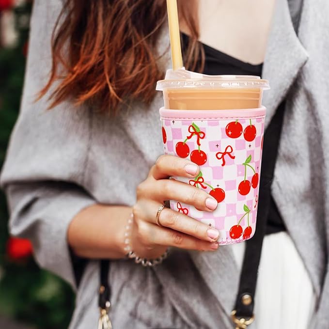 Reusable Insulated Neoprene Iced Coffee Cup Sleeve, Durable Drink Sleeve for Cold Beverages, Beverage Holder for Iced Coffee, Cherry Gleam