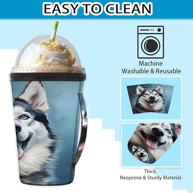 Husky Reusable Insulator Coffee Sleeves for Drinks Beverages,Funny Husky Neoprene Holder with Handle for Most Coffee or Ice Drink, 30-32oz