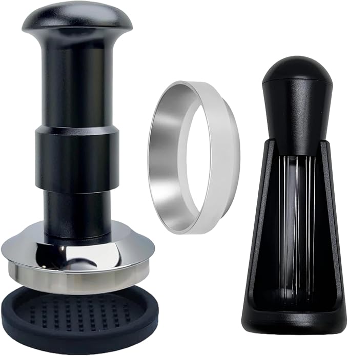 Espresso Tamper Double Spring Loaded 51/53mm with WDT Tool Espresso Accessories Kit, Stainless Steel Corrugated Base, Dosing Funnel, Tamper Mat (53mm)