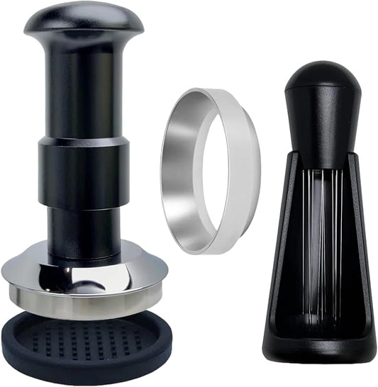 Espresso Tamper Double Spring Loaded 51/53mm with WDT Tool Espresso Accessories Kit, Stainless Steel Corrugated Base, Dosing Funnel, Tamper Mat (53mm)