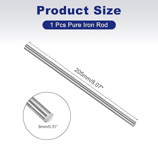 PATIKIL Pure Iron Bar, 0.31" Diameter 8.07" Length Iron String Rod Steel Stick DIY Craft Supplies for Crafting Science Lab Testing