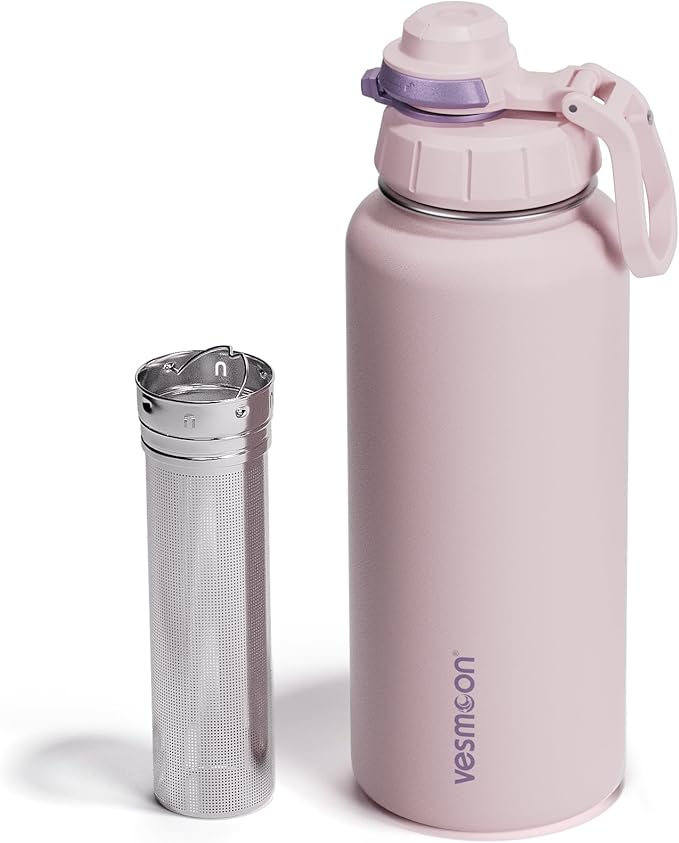 Vesmoon Vessence 32 Oz Stainless Steel Tea Infuser Bottle for Loose Leaf Tea, Water, Herbs, Fruits - Triple Layered Insulated, Leak Proof Bottle with Lid and Clip Handle - 24 Hours Hot/Cold