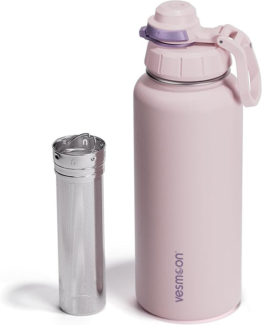 Vesmoon Vessence 32 Oz Stainless Steel Tea Infuser Bottle for Loose Leaf Tea, Water, Herbs, Fruits - Triple Layered Insulated, Leak Proof Bottle with Lid and Clip Handle - 24 Hours Hot/Cold