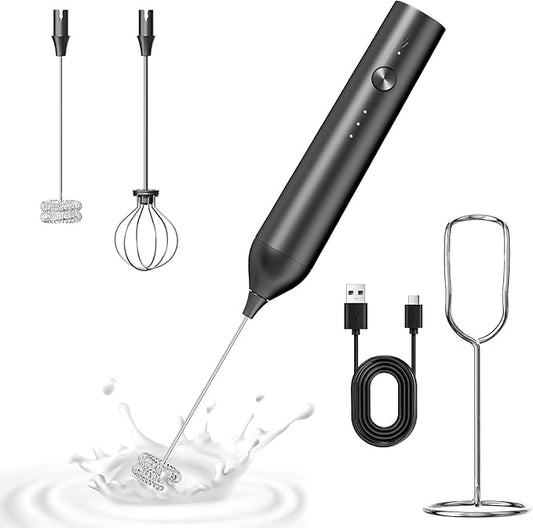 Kitchen Milk Frother Handheld with Stand, 3 Speeds Adjustable Mixer Electric Handheld Frother Wand, Hand Mixer Matcha Whisk Coffee Stirrers for Matcha, Hot Chocolate, Egg, Lattes - Black