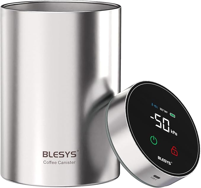 Smart Vacuum Coffee Canister, Automatic Stainless Steel Food Storage Container, LCD Monitoring, One-touch Freshness, Date Tracker, Extra-long Standby Time, holds 20oz Coffee Beans (Silver, 1.8L)