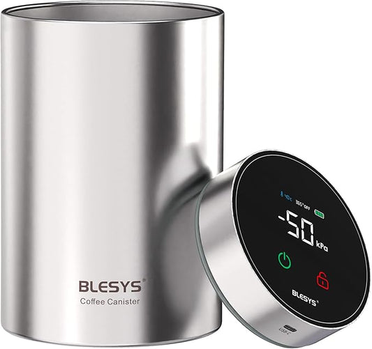 Smart Vacuum Coffee Canister, Automatic Stainless Steel Food Storage Container, LCD Monitoring, One-touch Freshness, Date Tracker, Extra-long Standby Time, holds 20oz Coffee Beans (Silver, 1.8L)