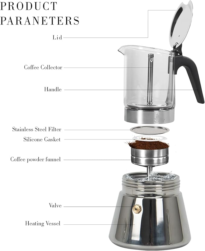 LAOION 9-Cup Moka Pot - Crystal Glass Top, Stainless Steel, Induction Compatible, 360ml