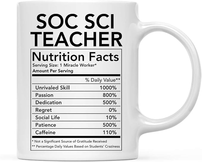 Andaz Press Funny 11oz. Ceramic Coffee Tea Mug Thank You Gift, Soc Sci Teacher Nutritional Facts, 1-Pack, Novelty Gag Birthday Christmas Gift Ideas Coworker