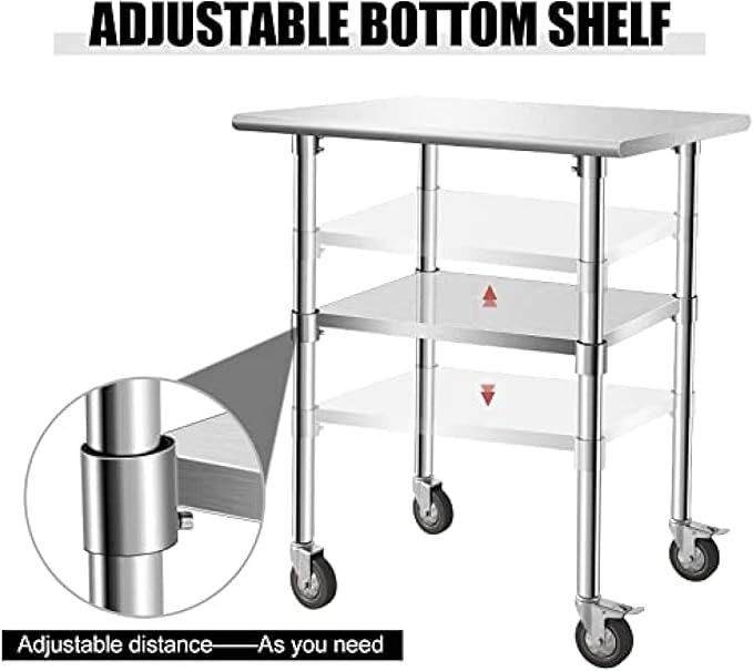 Stainless Steel Table - Metal Table Cart - Commercial Workbench with Caster Wheel - NSF Certified - for Restaurant, Warehouse, Home, Kitchen, Garage,36''x30''