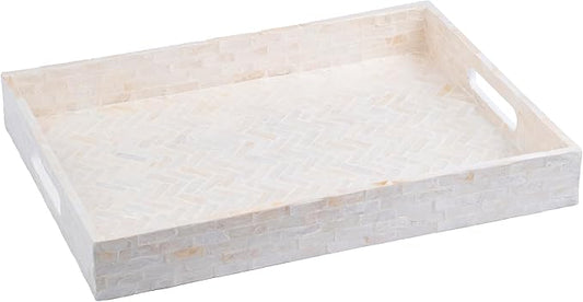 PEMAR Handmade Capiz Shell Decorative Serving Tray – Mother of Pearl Finish Herringbone Mosaic Rectangular Tray with Handles, 15.74 x 11.8 x 2 in, for Coffee Table & Home Decor