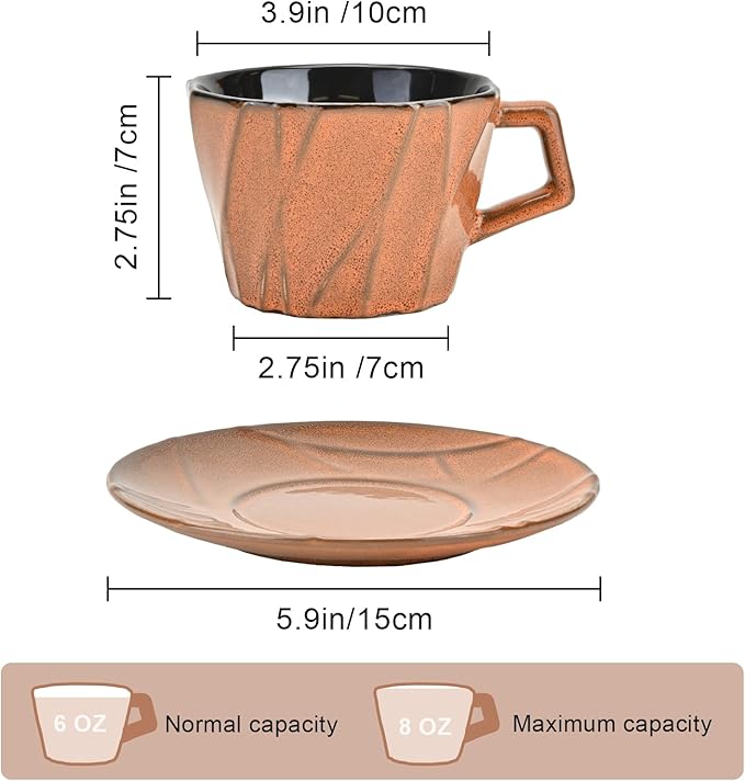 MyBudsBuzz Ceramic Espresso Cups with Saucers 6 oz,Coffe Cups for Cappuccino,Latte,Tea with Saucers Set of 2 - Geometry - Brown