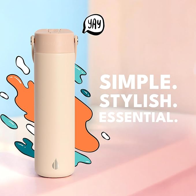 Elemental 24oz Insulated Water Bottle with Straw - 100% Leak-Proof Stainless Steel Core Water Bottles for Travel, Sports and Gym - Double Wall Insulation & BPA Free - Beige