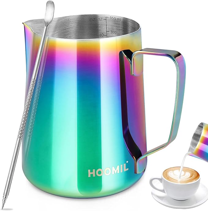 HOOMIL Milk Frothing Pitcher, 12oz/20oz/32oz Stainless Steel Steaming Pitcher Barista Milk Frother Cup Jug for Espresso Machine Coffee Cappuccino Latte Art - 12oz