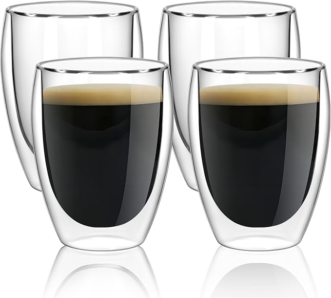 5.5oz Glass Coffee Mugs Set of 2, Double Walled Espresso Cups for Latte Cappuccino Cocoa Milk Cafe Juice, Clear Glass Tea Cup Set Glassware Gift for Christmas Birthday (12oz-4Pack)