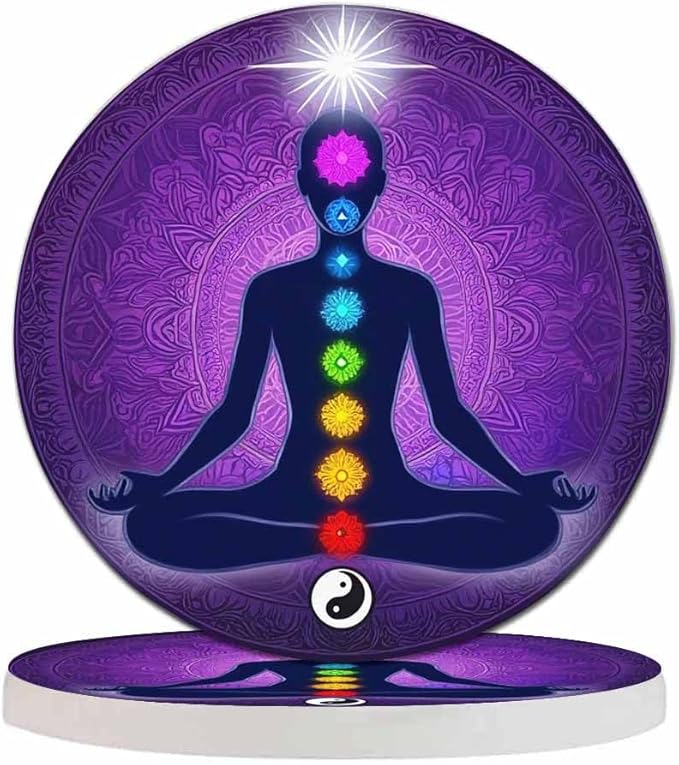 Meditating Woman in Lotus Pose Cup Coasters Set of 2 Aura Glow Spiritual Colorful 9 Chakras Mandala Wooden Table Apartment Decor 100% Diatomite for Drinking Glasses,4 Inches
