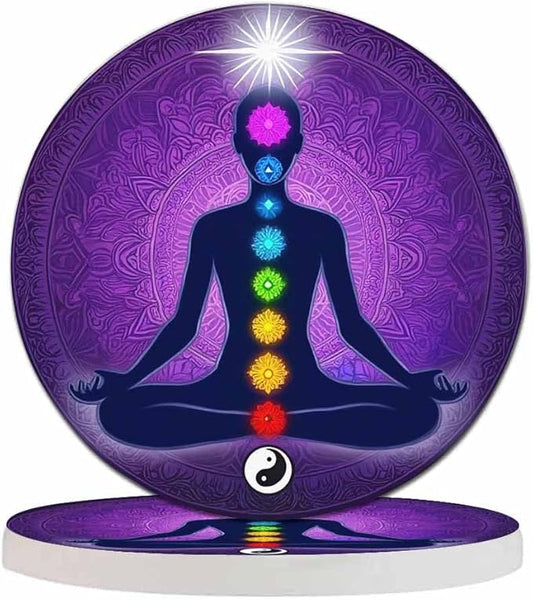 Meditating Woman in Lotus Pose Cup Coasters Set of 2 Aura Glow Spiritual Colorful 9 Chakras Mandala Wooden Table Apartment Decor 100% Diatomite for Drinking Glasses,4 Inches