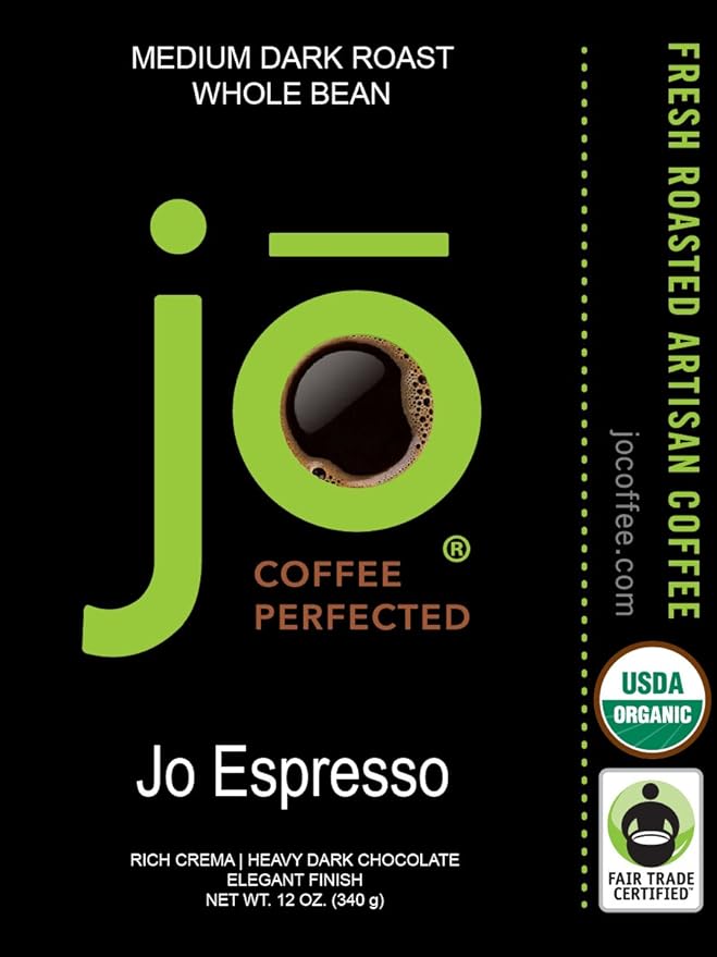 JO ESPRESSO: 12 oz, Organic Whole Espresso Beans, USDA Certified Organic, Gluten Free, NON-GMO, Fair Trade Certified, Perfect Rich Thick Crema, Medium/Dark Roast Whole Bean Coffee by Jo Coffee®