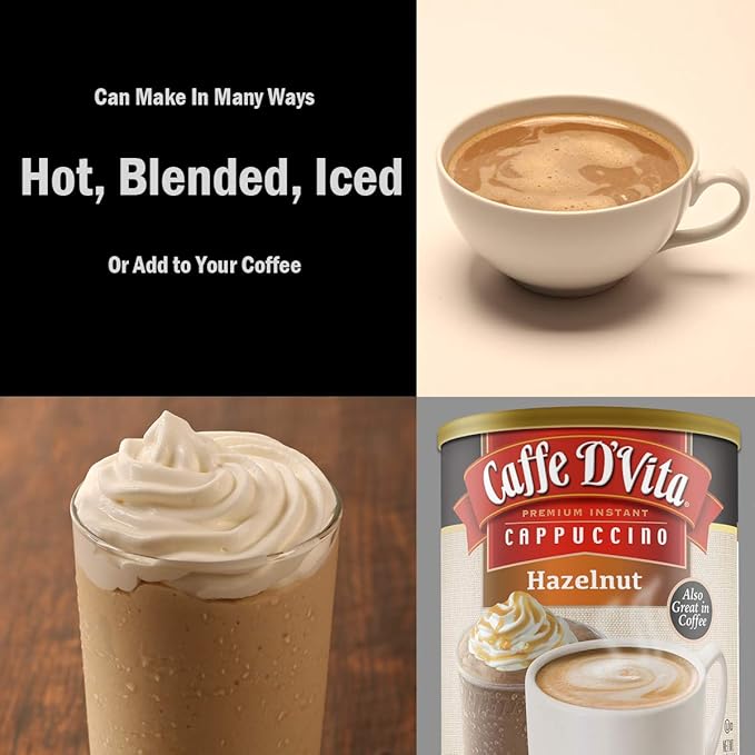 Caffe D'Vita Instant Hazelnut Cappuccino Mix - Instant Hazelnut Ground Coffee Beans, Gluten Free, No Cholesterol, No Hydrogenated Oils, No Trans Fat, 99% Caffeine Free - 1 Lb Can