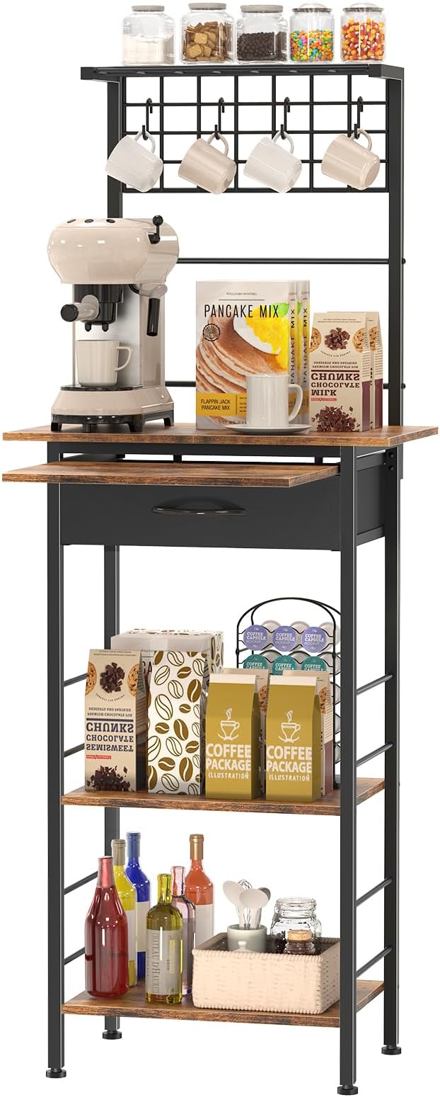 Coffee Bar Station,5 Tier Coffee Stand with Organizer Storage Drawers,Kitchen Corner Bakers Rack with 4 S-Shaped Hooks & Dual Wood,Kitchen Shelf for Small Spaces, Living Room ,Entryway (Rustic Brown)