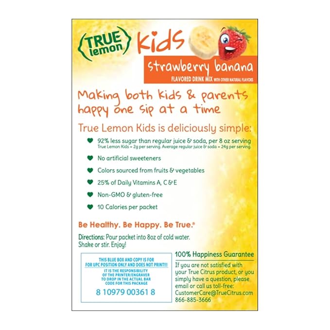 TRUE LEMON KIDS Strawberry Banana (10 Packets) – Hydration for Kids – No Artificial Sweeteners – Low Sugar Water Flavoring – Drink Mix for Kids – Powdered Drink Mix