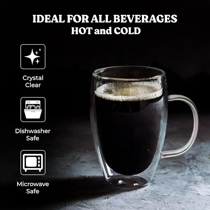 16 Oz Insulated Glass Mugs – Double Wall Coffee Mugs for Tea, Cappuccino, Iced Coffee, Latte, Hot Beverages – Microwave & Dishwasher Safe, Set of 2