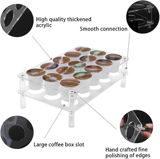 2 Set Acrylic Coffee Pod Holder, 15 Slots Flat Countertop Organizer, Transparent Coffee Capsule Storage Tray for YX037, Space Saving Drawer Style
