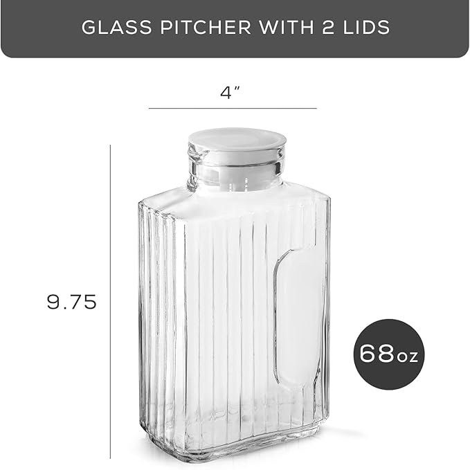 68oz Glass Pitcher with Lid (2 Lids), Rectangle Beverage Serveware and Storage Container for Cold Drinks and Liquids, Water Containers, 2 Quart Pitcher with Lid for Kool Aid and Lemonade