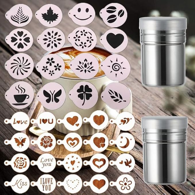 36 Coffee Stencils+2 Mesh Powder Shakers, Cake Baking Templates Coffee Art Template Coffee Decoration Stencils Coffee Mold Tool for Christmas Thanksgiving Cake Coffee Cappuccino