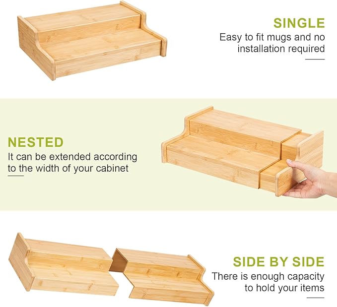 2-Tier Expandable Bamboo Mug Holder Coffee Mug Rack Organizer for Countertop, Multi-Functional Mug Display Shelf for Coffee Bar, Kitchen, and Home (15.75"~30.71")