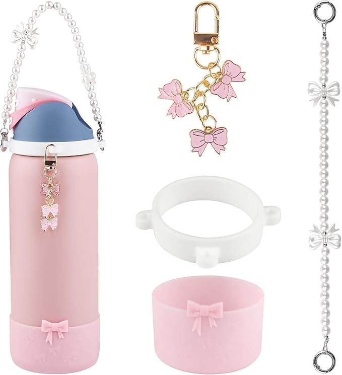 Water Bottle Accessories Set for Owala FreeSip 24oz、32 oz– Includes Pearl Handle Strap, Bow Charms,2.9in .3inch Silicone Bling Boot for Owala Accessories for Women