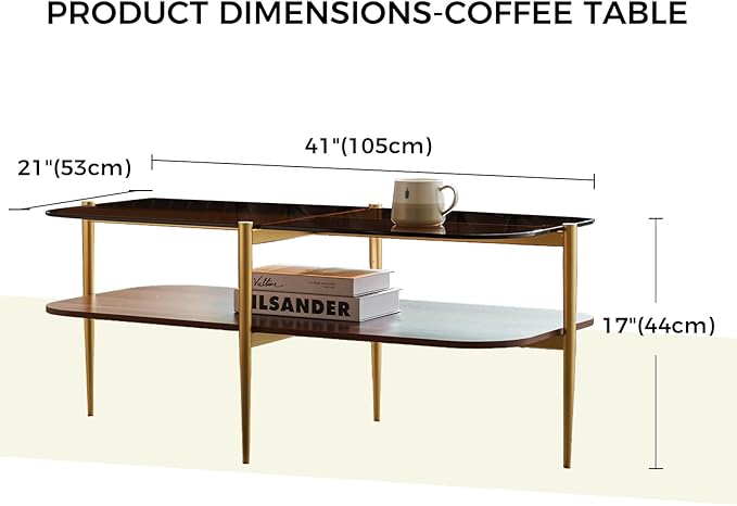 Shrine Oval Glass Coffee Table, Mid-Century Modern Design, Two-Tier Walnut MDF Rounded Corner Table, 41" D x 21" W x 17" H, Sleek Conical Metal Legs with Gold Finish