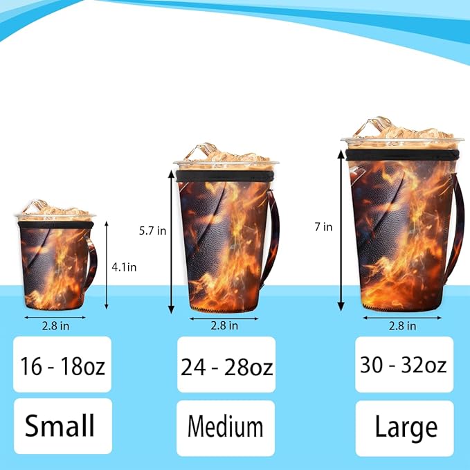 Fire American Football Reusable Insulator Coffee Sleeves for Drinks Beverages, Neoprene Holder with Handle for Most Coffee or Ice Drink, 16-18oz