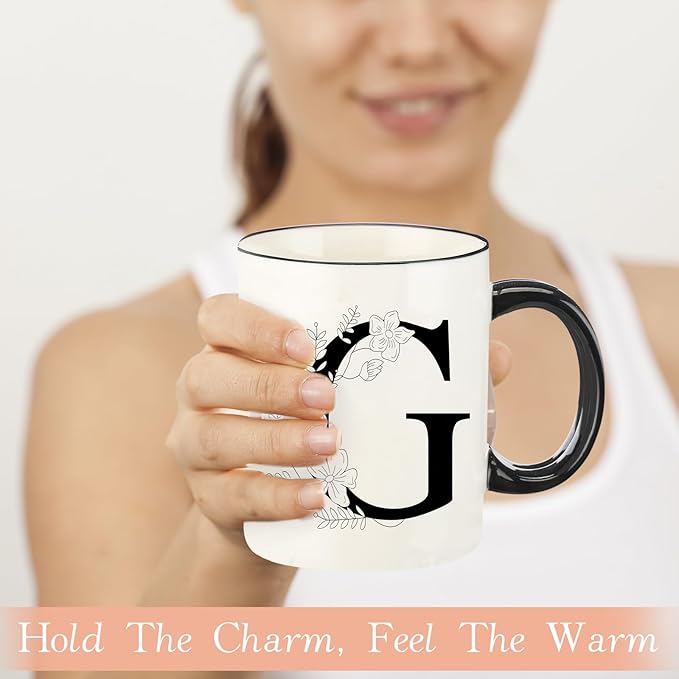 Monogram Ceramic Coffee Mugs, 11 oz Initial Drinking Cup with Gift Box, Unique Birthday Valentines Day Gifts for Women Wife Mothers Day Grandma Mom Aunt, G
