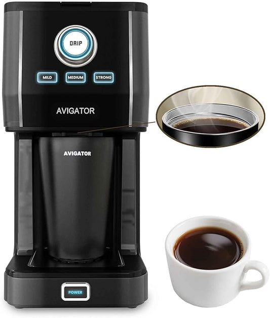 Single Serve Coffee Maker with 11oz. Travel Coffee Mug Stainless Steel, Brew Strenth Adjustable, Permanent Filter, Black