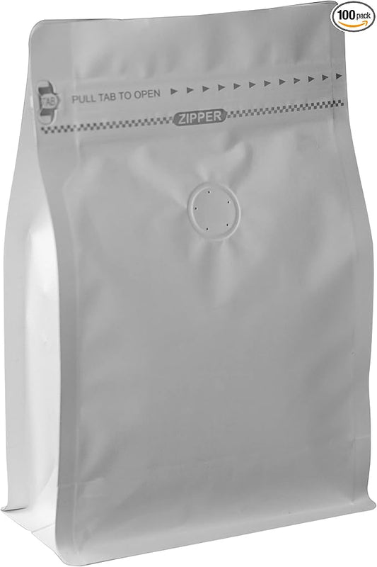 100 Count 8 Ounces White Kraft Paper Coffee Bags - High Barrier Aluminium Foil Liner - Flat Bottom Coffee Pouches with Degassing Valve, Resealable Zipper & Easy Open Tape
