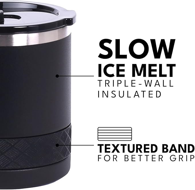 Elemental Recess Lowball Tumbler Set of 2, 10oz Triple Wall Stainless Steel Cup with Non-Shattered Tritan Lid, Insulated Whiskey Glass, Insulated Coffee Tumbler Mug for Hot & Cold Drinks - Black