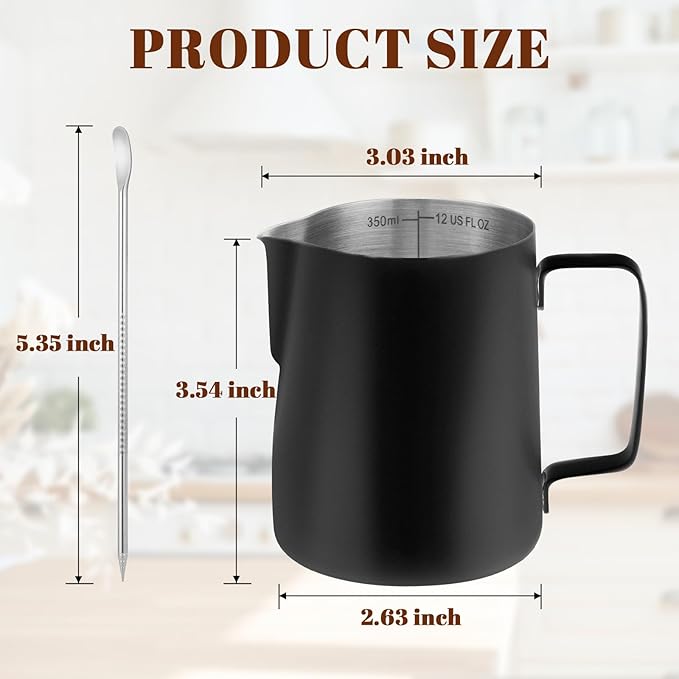 Milk Frothing Pitcher, 12oz Milk Frother Cup with Clear Scale, 304 Stainless Steel Cappuccino Espresso Machine Accessories for Barista Coffee Bar with Latte Art Pen, Black