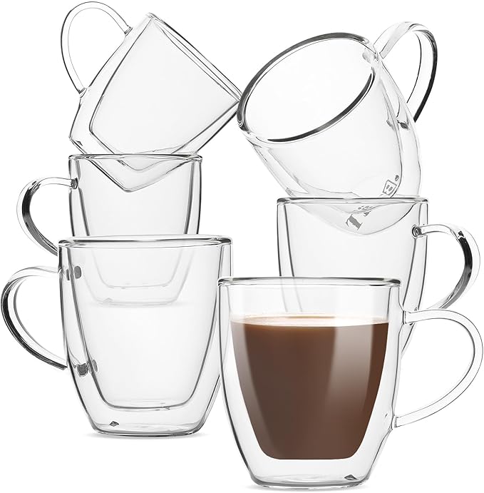 BTaT- Double Walled Glass Coffee Mugs, 16 oz, Set of 6, Glass Coffee Cups with Handle, Insulated Clear Coffee Mug for Hot and Cold Beverages, Cappuccino, Latte, Tea, Americano, Microwave Safe