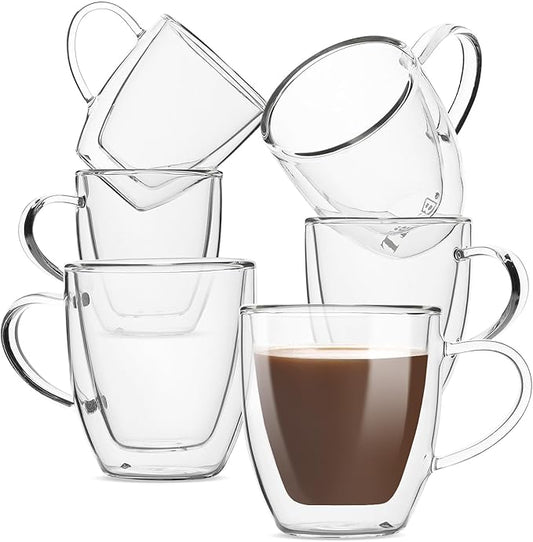 BTaT- Double Walled Glass Coffee Mugs, 16 oz, Set of 6, Glass Coffee Cups with Handle, Insulated Clear Coffee Mug for Hot and Cold Beverages, Cappuccino, Latte, Tea, Americano, Microwave Safe