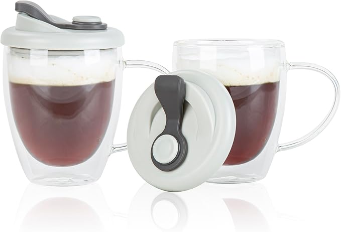 Restaurantware - Forma Professional 11.8 Ounce Insulated Travel Mug With Handle, 1 Double Wall Coffee Mug - Includes Lid, Reusable, Clear Borosilicate Glass Tumbler, Dishwashable, Microwavable