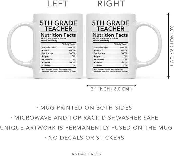 Andaz Press Funny 11oz. Ceramic Coffee Tea Mug Thank You Gift, 5th Grade Teacher Nutritional Facts, 1-Pack, Novelty Gag Birthday Christmas Gift Ideas Coworker