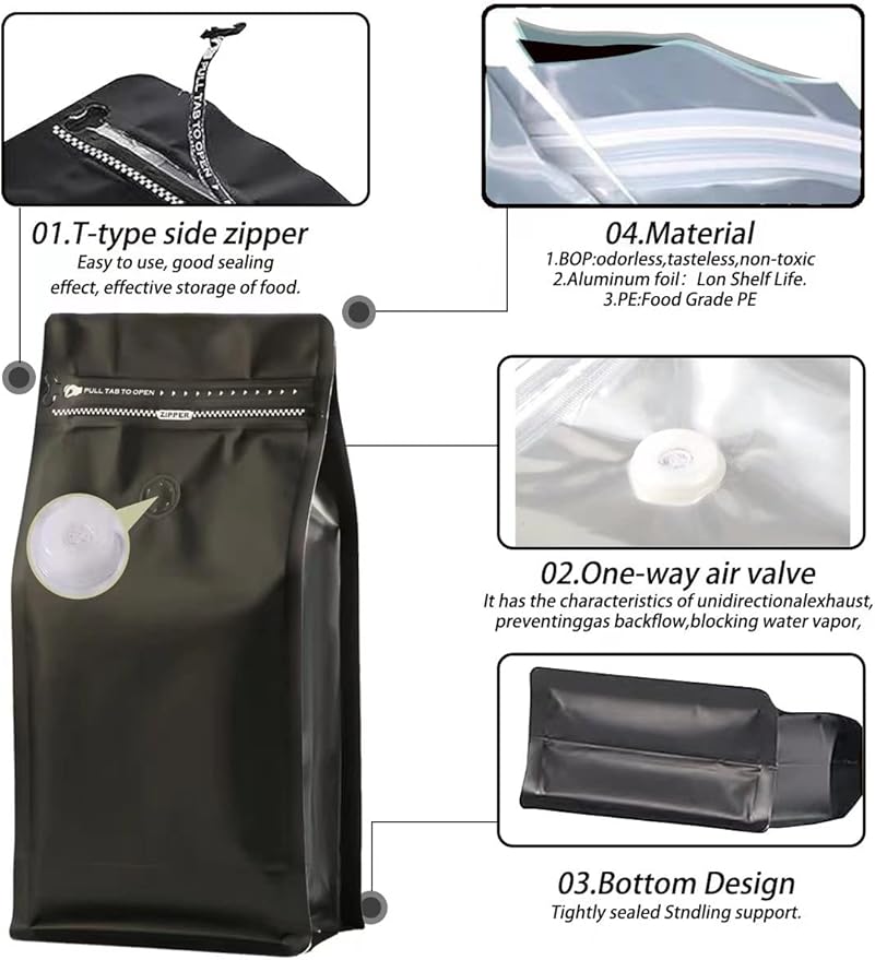 Coffee Bags with Valve(12 oz,3/4 lb,50pcs) Black High Barrier Aluminumed Foil Flat Bottom Heat Sealed Coffee Beans Packaging Bags Side Zipper Resealable Bags for Home or Business