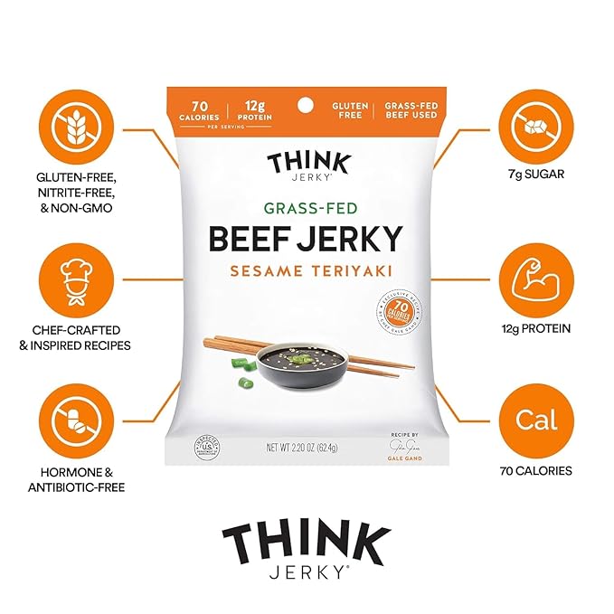 Think Jerky Sesame Teriyaki Beef Jerky, Grass-Fed High Protein Beef Jerky, Gluten Free, No Antibiotics or Nitrates, Healthy Chef Crafted Recipe, Low Calorie and Low Fat - 2.2 oz Bags, 4 Pack