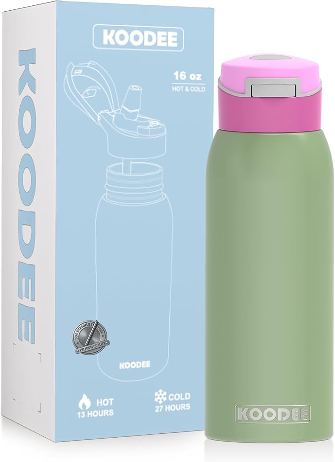 koodee Kids 16oz Free-sip Insulated Stainless Steel Water Bottles with Soft Straw,Quick Flip GO Bounce Cup Thermo-flask,Pop & Fill Double-Wall Vacuum Bottle, for School, Sports,Travel(Pink Avocado)
