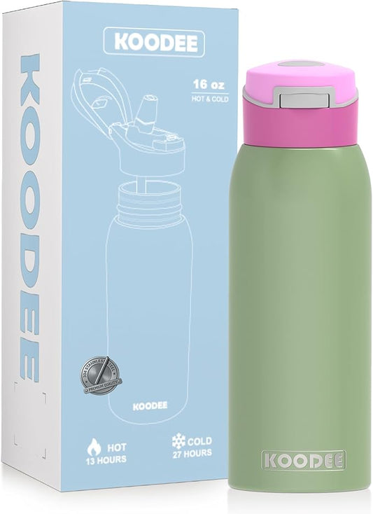 koodee Kids 16oz Free-sip Insulated Stainless Steel Water Bottles with Soft Straw,Quick Flip GO Bounce Cup Thermo-flask,Pop & Fill Double-Wall Vacuum Bottle, for School, Sports,Travel(Pink Avocado)
