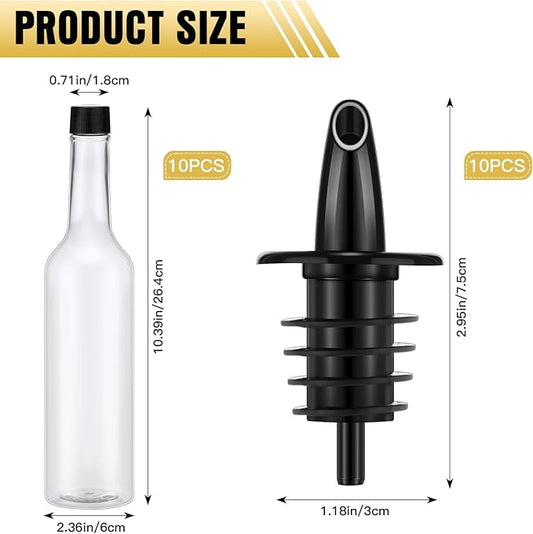 Tioncy 10 Sets 15oz Plastic Liquor Bottles with Pourers Sets 10 Plastic Long Neck Syrup Bottles with Pourer and Caps Reusable Leakproof for Home Party Bar(Black)