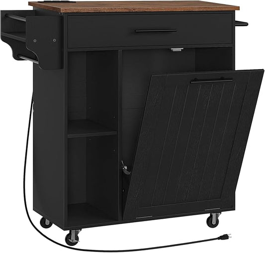 HOOBRO Kitchen Island with Trash Can Storage, Rolling Kitchen Island on Wheels, Mobile Island Cart with Power Outlet, Islands Table for 10 Gallon Garbage Bin, Rustic Brown and Black BF80UZD01G1