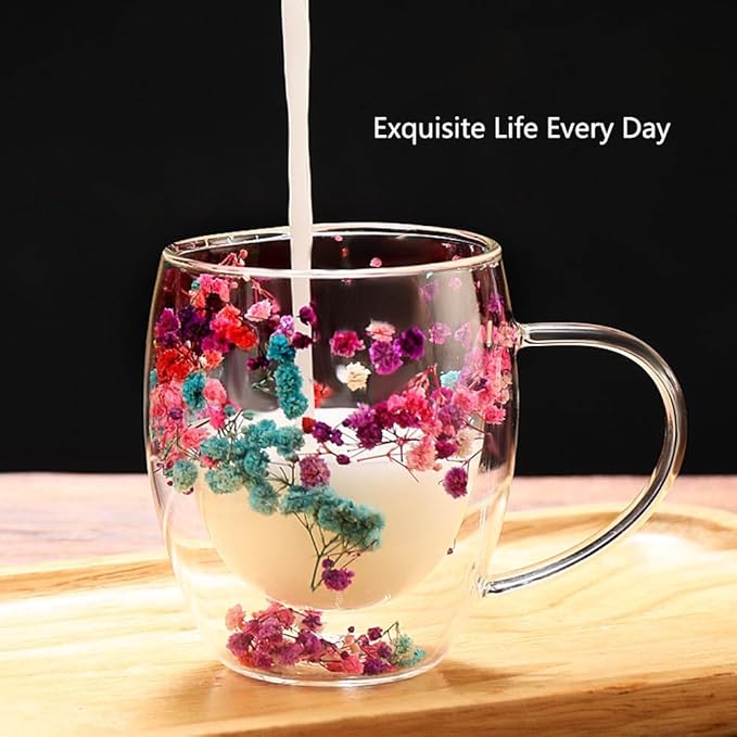 Double Wall Glass Coffee Mugs, 12 oz Clear Floral Insulated Glass Cups with Handle, Hand Blown Borosilicate Coffee Mug for Espresso, Cappuccino, Latte, Tea & Hot Beverages (Mix)